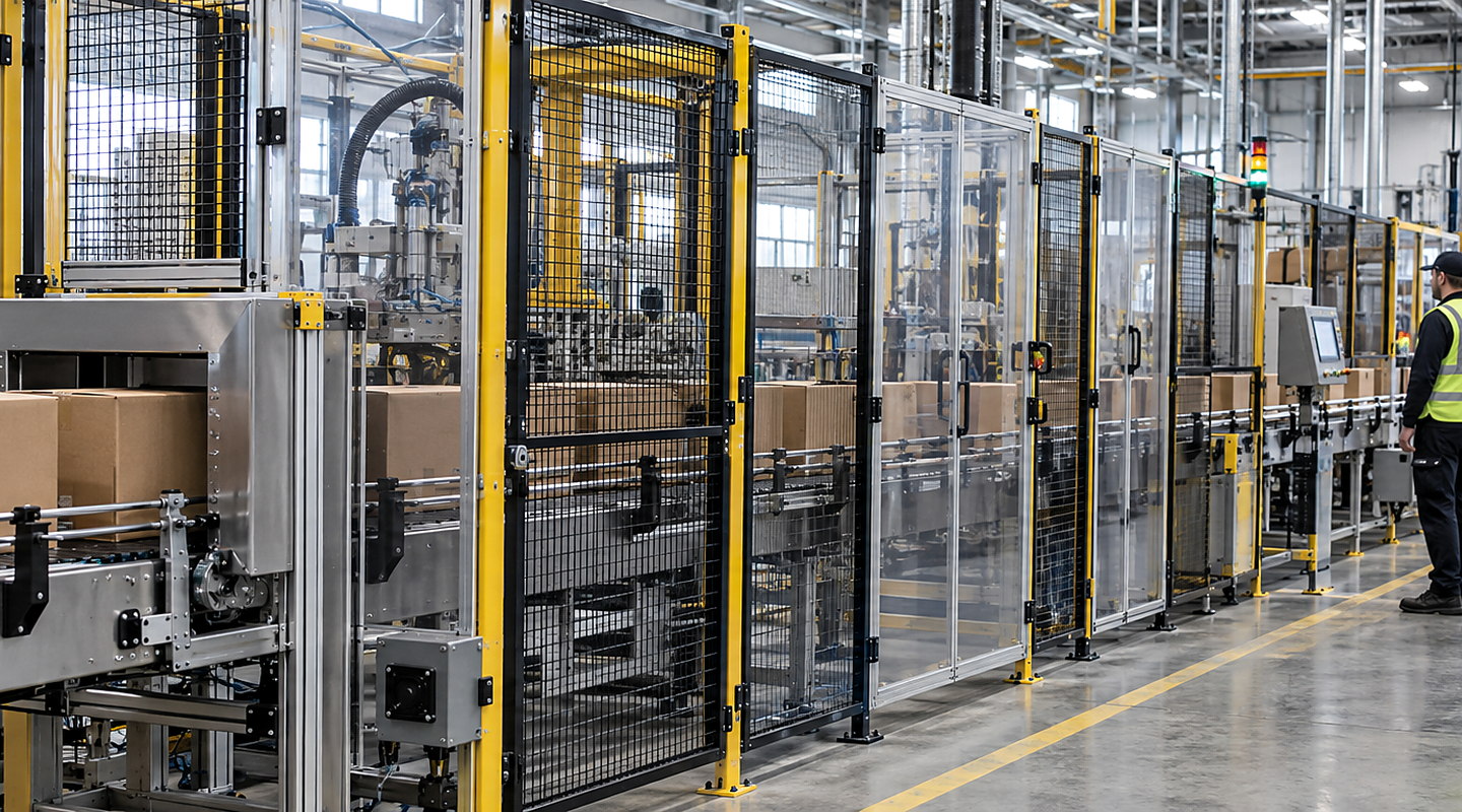 A complete packaging line operating behind coordinated mesh and polycarbonate guarding with interlocked doors and conveyor transfer interfaces.