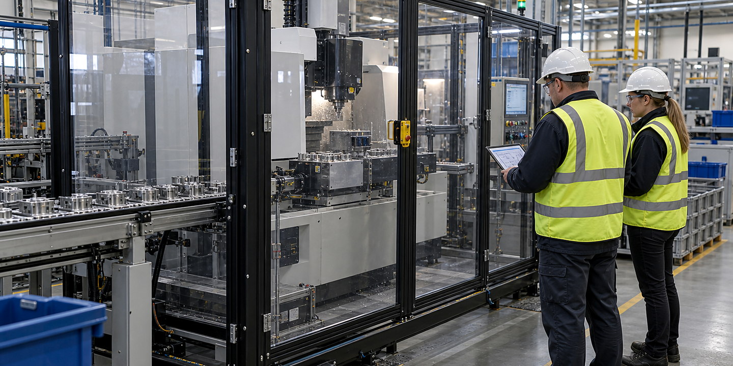 A complete packaging line operating behind coordinated mesh and polycarbonate guarding with interlocked doors and conveyor transfer interfaces.