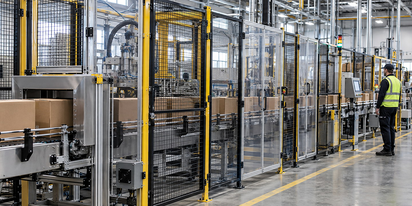 A complete packaging line operating behind coordinated mesh and polycarbonate guarding with interlocked doors and conveyor transfer interfaces.